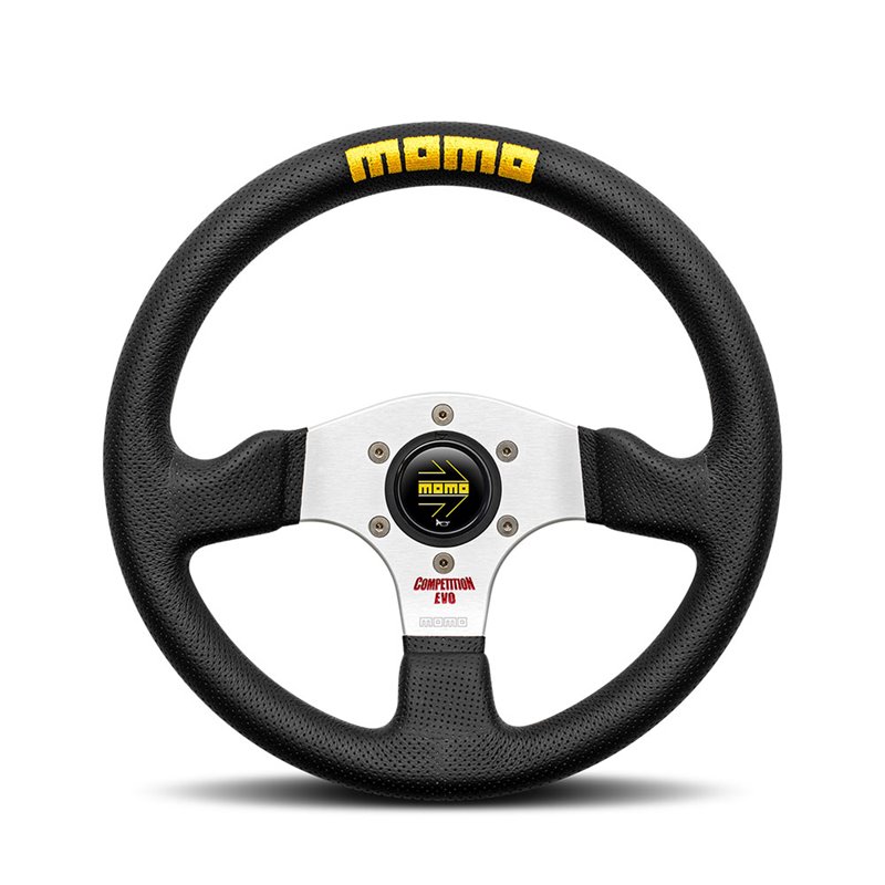 Volant Momo Competition Evo Tulipé 42mm, Cuir Noir, Branches Alu, Ø32 cm