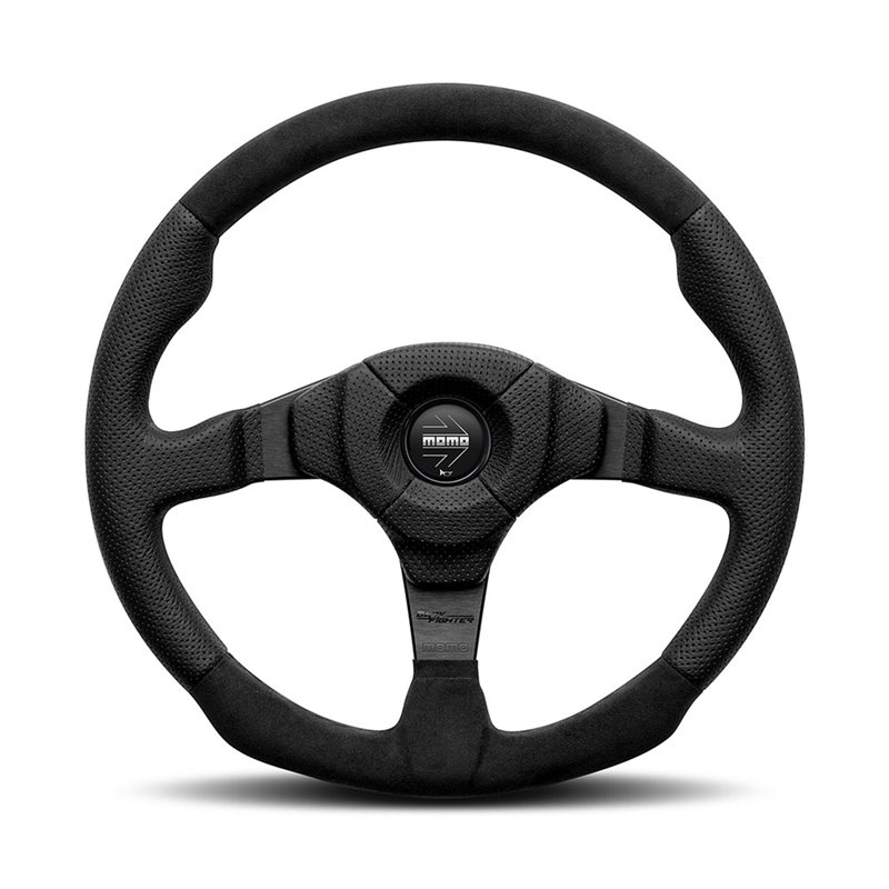Volant Momo Dark Fighter Tulipé 36mm, Cuir Noir, Branches Noires, Ø35 cm