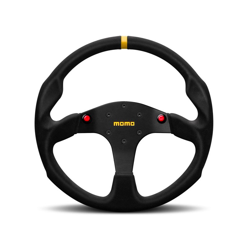 Volant Momo Mod. 80, Cuir Noir Retourné, Branches Noires, 2 Boutons, Ø35 cm