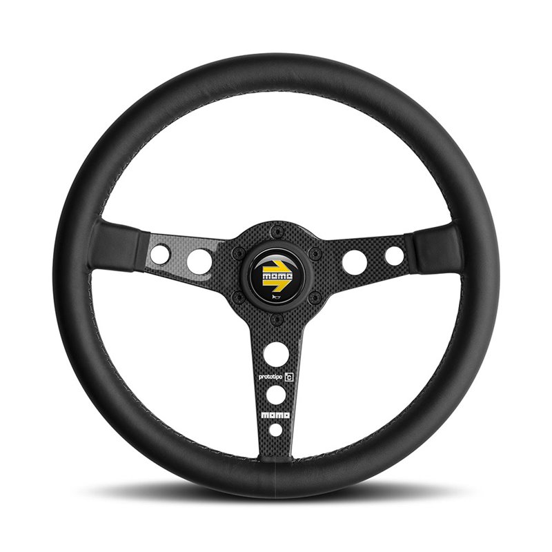 Volant Momo Prototipo 6C Tulipé 39mm, Cuir Noir, Branches Carbone, Ø35 cm