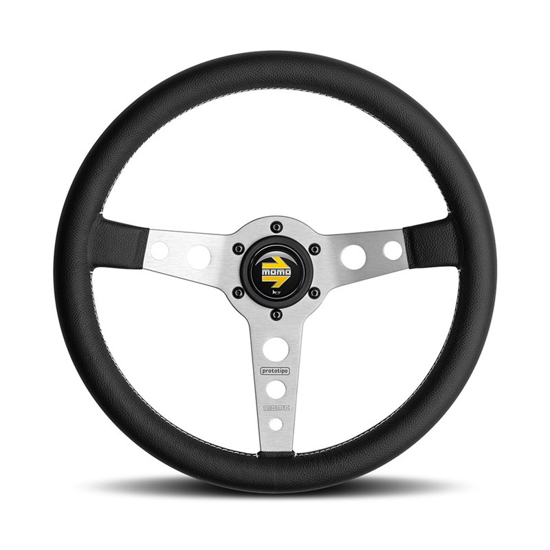 Volant Momo Prototipo Tulipé 39mm, Cuir Noir, Branches Alu, Ø35 cm