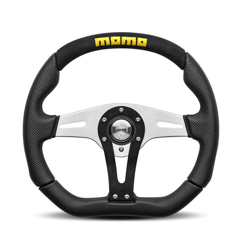 Momo Trek Steering Wheel 38mm Dish, Black Leather, Aluminium Spokes, Ø35 cm
